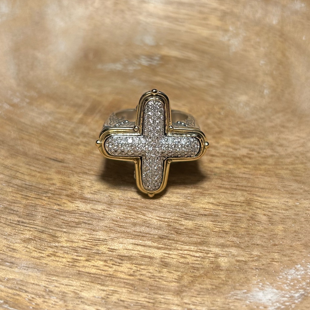 Konstantino 925 Sterling Silver & 18k Gold Diamond Pave Cross Ring Rare